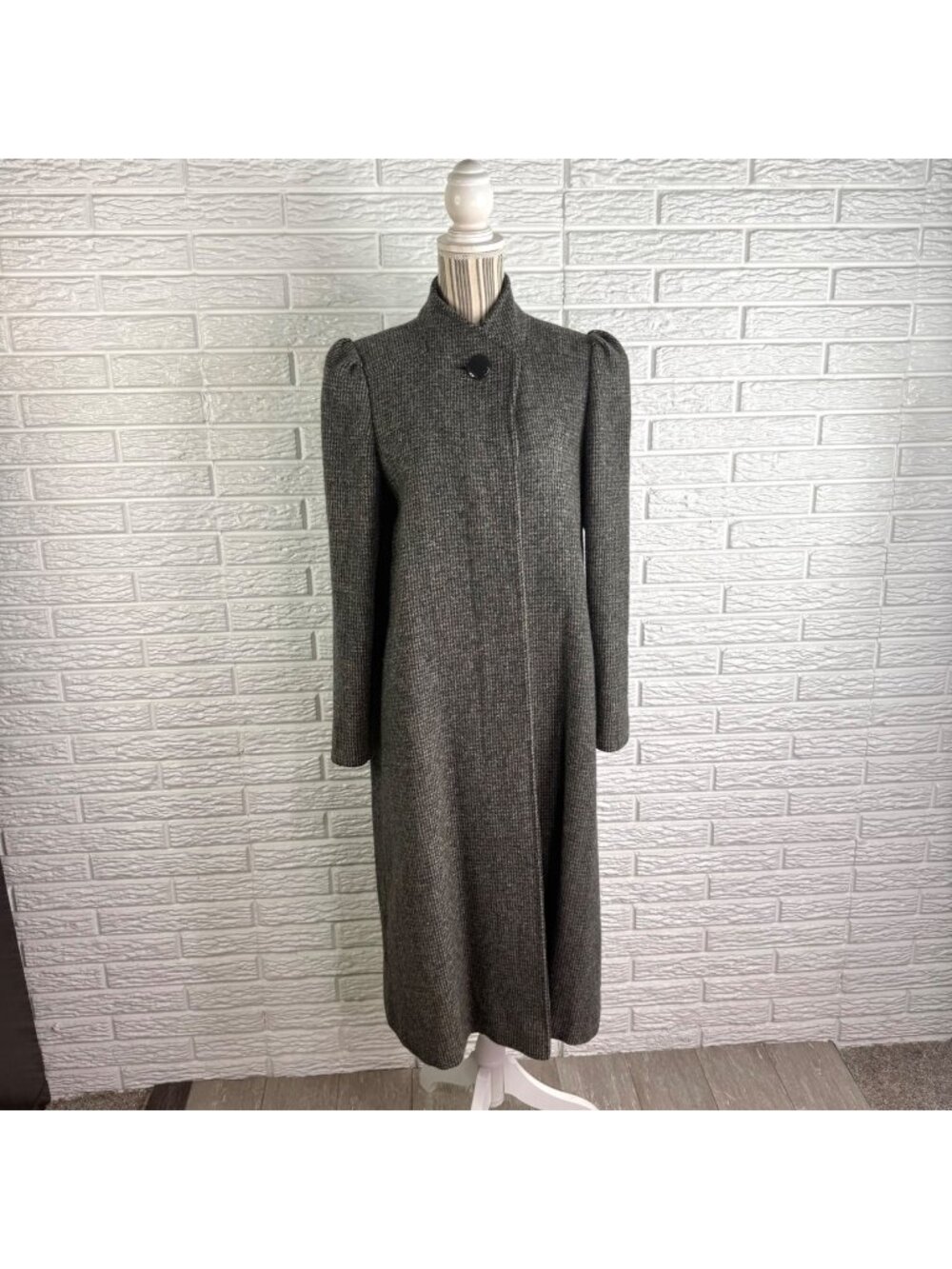 Vtg Jill Jr Grey Full Length Wool Tweed Coat Houndstooth Puffed Sleeves Medium
